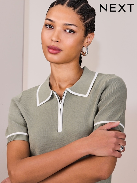Sage Green Tipped Zip Neck Knitted Polo Top (H82209) | ₪113