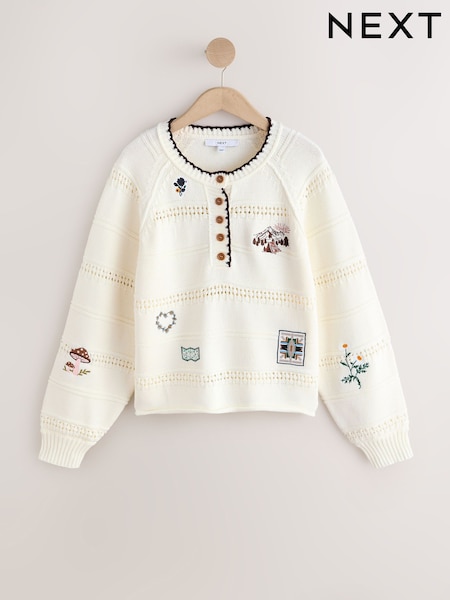Ecru Cotton Rich Embroidered Detail Knitted Jumper (H82218) | €59.50