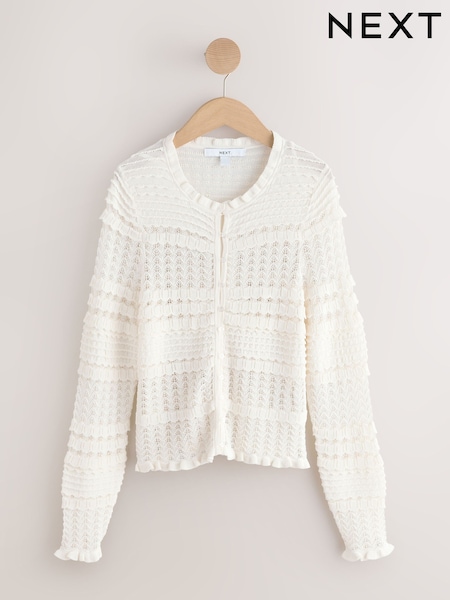 Ecru Shirred Frill Knitted Cardigan (H82222) | OMR30