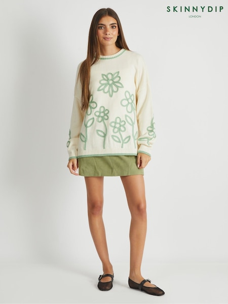Skinnydip White Floral Applique Knitted Jumper in Cream & Sage (H82299) | €48