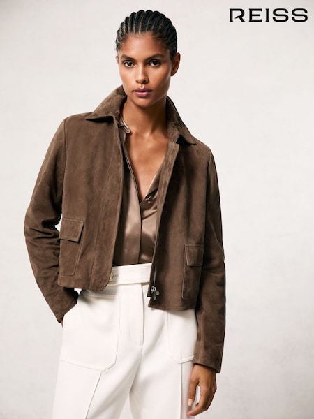 Reiss Taupe Neutral Drew Suede Suede Cropped Jacket (H82406) | €490