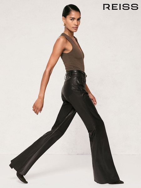 Reiss Black Priya Petite Leather High-Rise Flared Trousers (H82418) | €555