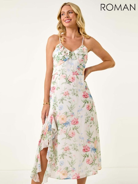 Roman White Petite Floral Print Frill Midi Dress (H82457) | €83