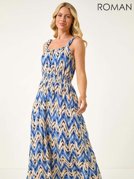 Roman Blue Petite Abstract Shirred Waist Midi Dress (H82464) | €63