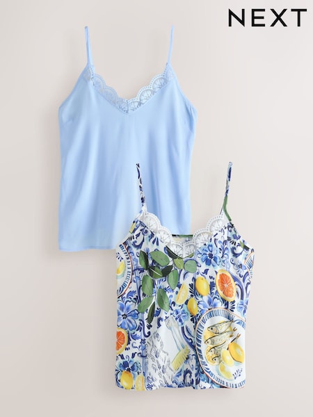 Blue Printed Lace Broderie Cami Vest 2 Pack (H82488) | €49.50
