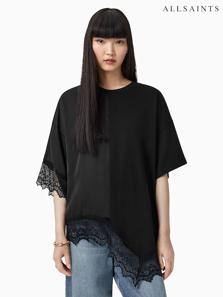 AllSaints Black Lenny Lace T-Shirt (H82577) | 440 QAR