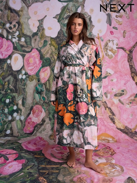 Pink Benjamin Macgregor Scene Print Satin Dressing Gown (H82772) | 247 QAR