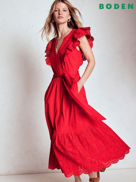 Boden Red Ruffle Detail Tier Midi Dress (H82793) | R$ 1.285