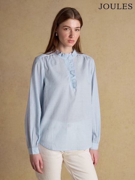 Joules Melanie Blue/White Stripe Ruffle Collar Long Sleeve Blouse (H82954) | R$ 485