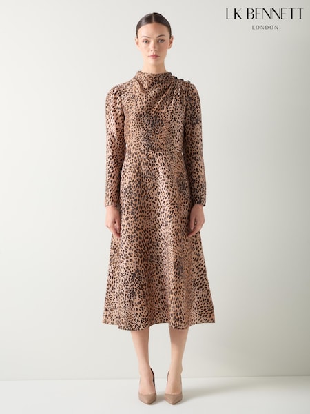 LK Bennett Brown Samantha Leopard Print Silk Button Shoulder Dress (H83008) | €529