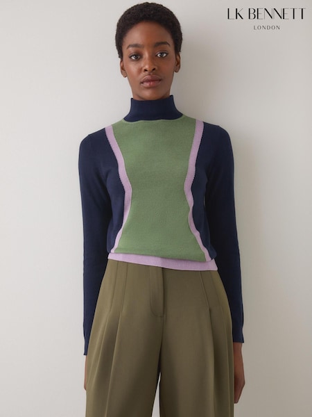 LK Bennett Green Natalia Colourblock Cotton Fine Gauge Merino Jumper (H83009) | €228