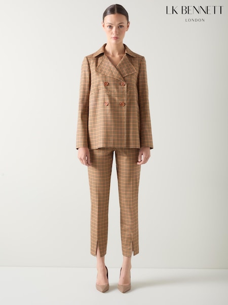 LK Bennett Brown Cheque Print Tencel Double Breasted Jacket (H83013) | €445