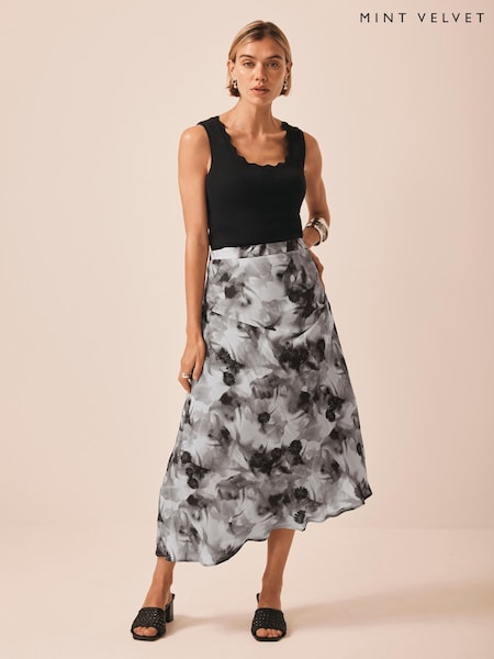 Mint Velvet Grey Abstract Print Midi Skirt (H83139) | AED577