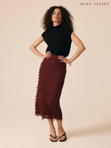 Mint Velvet Red Fringed Midi Skirt (H83146) | €146