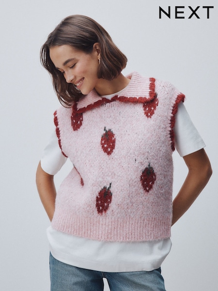 Pink Strawberry Sleeveless Knitted Tank Top With Wool (H83402) | kr505
