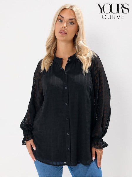 أسود - Yours Curve Textured Frill Neck Blouse (H83704) | ‏169 د.إ.‏