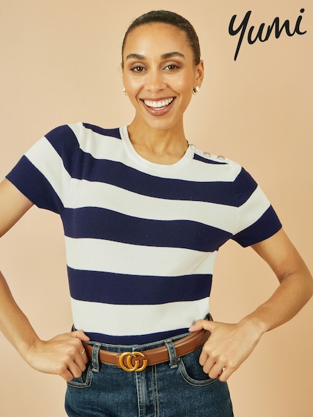 Azul - Yumi Block Stripe Knitted Top With Button Details (H83769) | R$ 395
