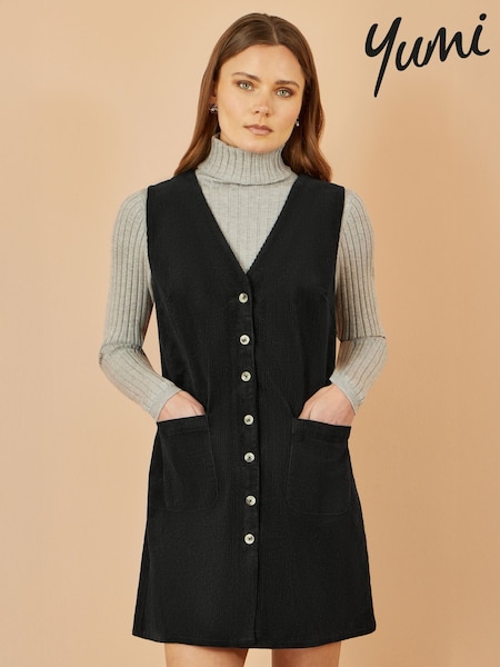 Yumi Black Cord Button Through Pinafore Dress With Pockets (H83773) | R$ 545