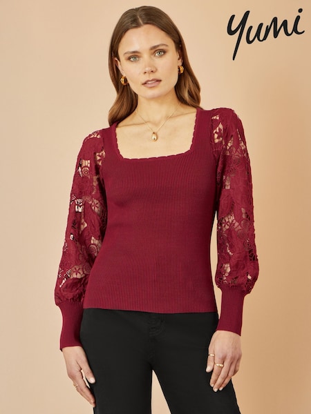 Vermelho - Yumi Ribbed Knitted Top With Lace Sleeves (H83774) | R$ 495