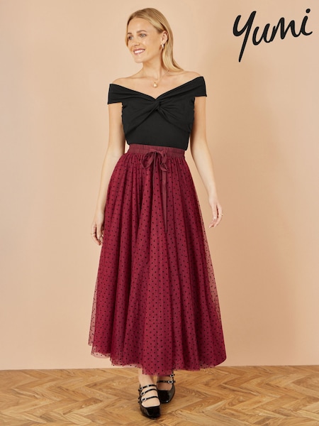 Yumi Red Mesh Heart Print Tulle Skirt (H83778) | OMR33