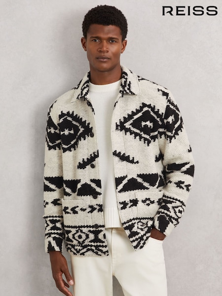 Reiss Off White/Black Gillmore Fair Isle Jacquard Overshirt with Wool (H83831) | €340