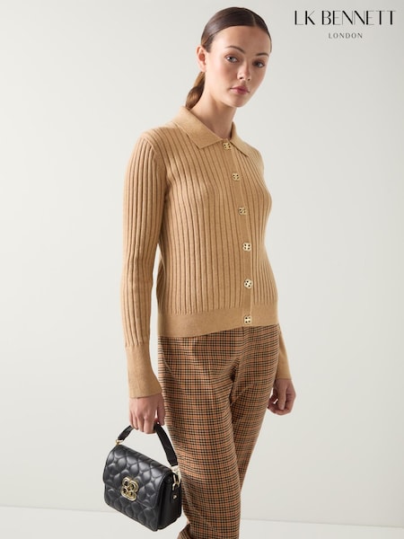 LK Bennett Brown Plain Cotton Rib Collar Cardigan (H83840) | R$ 1.765