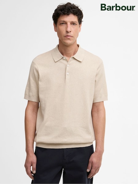 Naturalny - Barbour® Muston Linen Blend Knitted Polo Shirt (H84195) | 630 zł