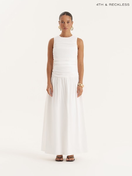 4th & Reckless White Cotton Poplin Drop Waist Maxi Dress (H84387) | €74