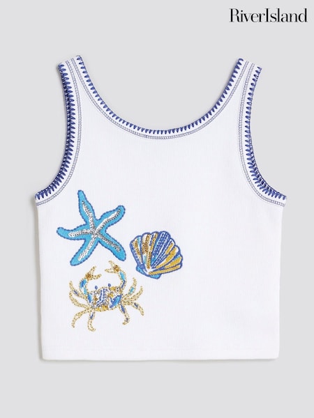 River Island White Girls Sequin Starfish Print Tank Top (H84450) | €18.50