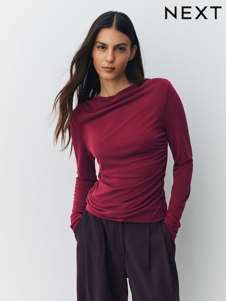 أحمر عنابي - Polymodal Crew Neck Long Sleeve Top (H84543) | ‏123 ر.ق.