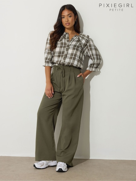 أخضر - PixieGirl Petite Paper Bag Tie Wide Leg Trousers (H84566) | ‏227 د.إ.‏