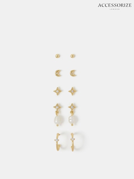 Accessorize 14ct Gold Pearl Stud & Hoop Earrings 5 Pack (H84597) | €31