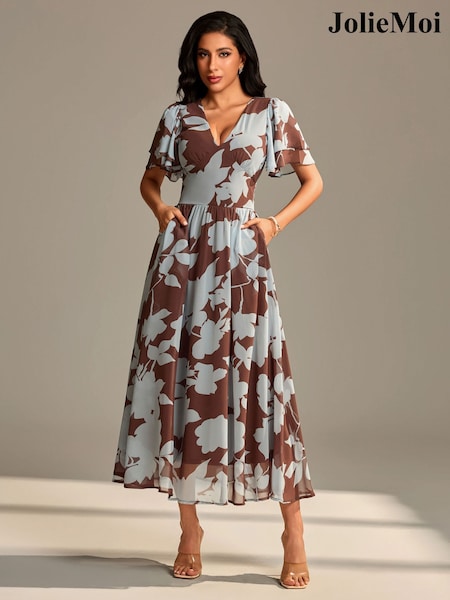Jolie Moi Brown Layered Angel Sleeve Chiffon Maxi Dress (H84711) | €101