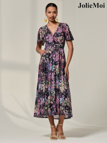 Jolie Moi Floral Print Mesh Angel Midaxi Dress (H84718) | R$ 590