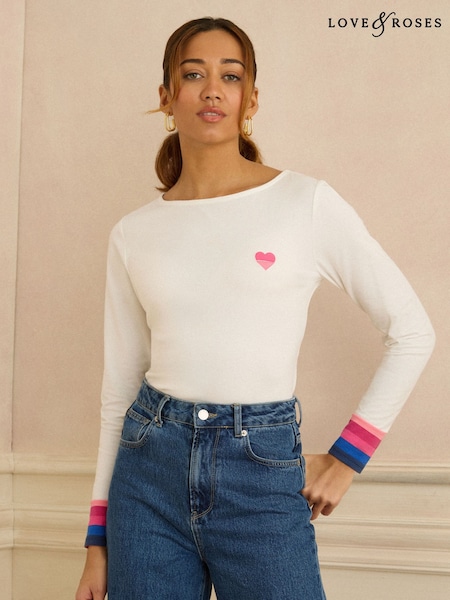 צבע שנהב עם רקמת פסי קשת בענן בחפתים - Love & Roses Long Sleeve Jersey Top (H85121) | ‏94‏₪