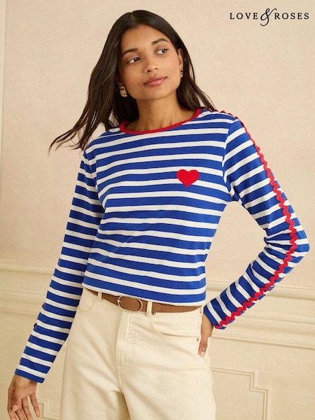 Love & Roses Cobalt Blue Stripe Embroidered Heart Ric Rac Trim Long Sleeve Top (H85122) | 18 450 KZT