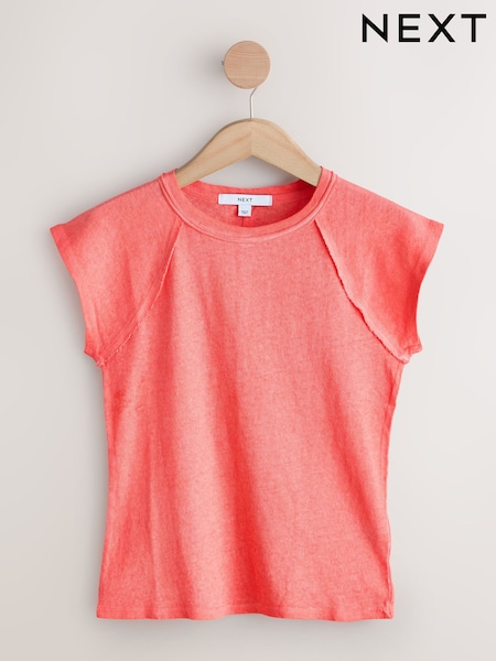 Coral Pink Raw Seam Detail Short Capped Sleeve T-Shirt (H85224) | kr252
