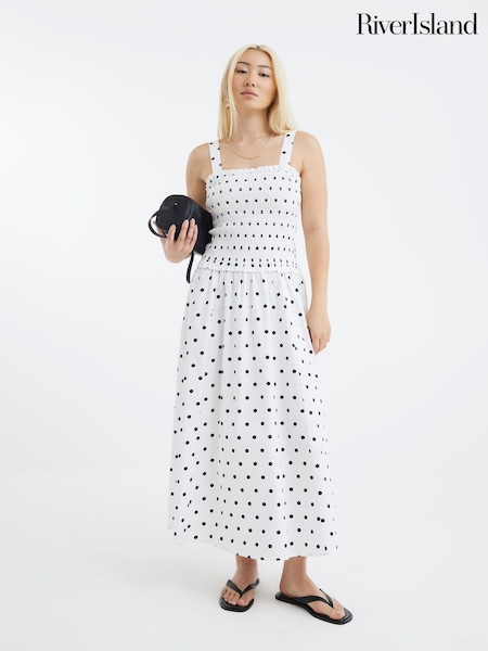 River Island White Polka Dot Shirred Midi Dress (H85609) | €64