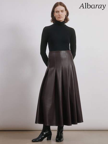 Albaray Faux Leather Pleat Midi Brown Skirt (H85694) | €130