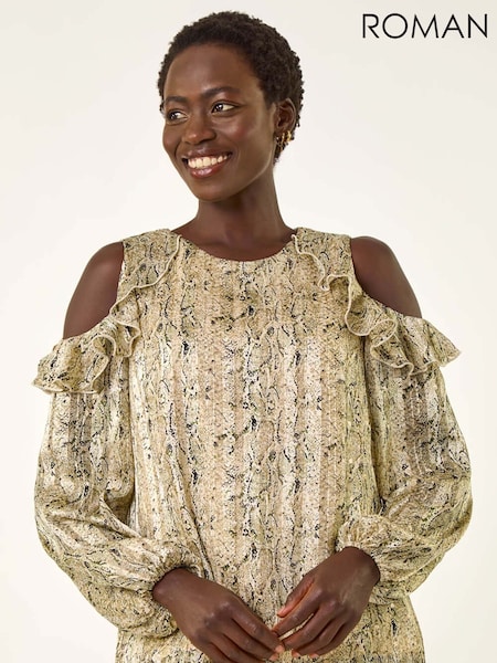 Roman Snake Print Frill Cold Shoulder Blouse (H85822) | R$ 510