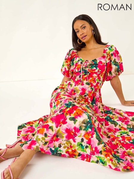 Roman Red Floral Print Pleated Puff Dress (H85827) | €86