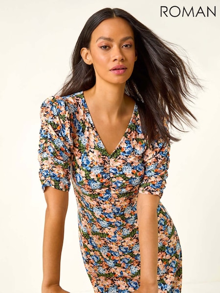 Roman Floral Print Front Ruched Dress (H85838) | R$ 510