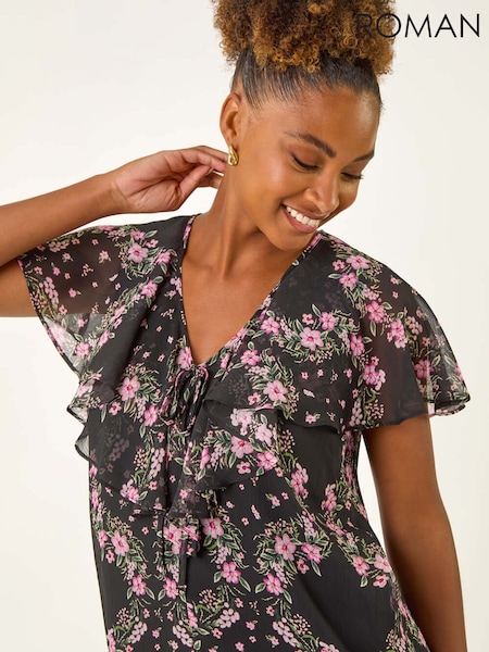 Roman Black Floral Print Frill Neck Blouse (H85846) | €58