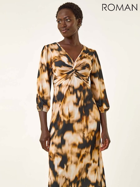 Roman Brown Abstract Twist Front Midi Dress (H85849) | €63