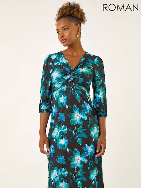 Roman Blue Floral Print Twist Front Midi Dress (H85853) | €63