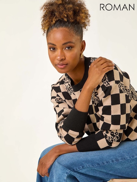 Roman Black Checkered Pearl Embellished Knit Jumper (H85888) | R$ 510