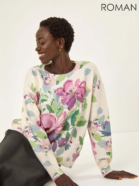 Roman White Floral Print Sequin Knit Jumper (H85889) | OMR29