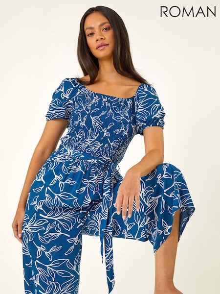 Roman Blue Leaf Print Wide Leg Jumpsuit (H86193) | €77