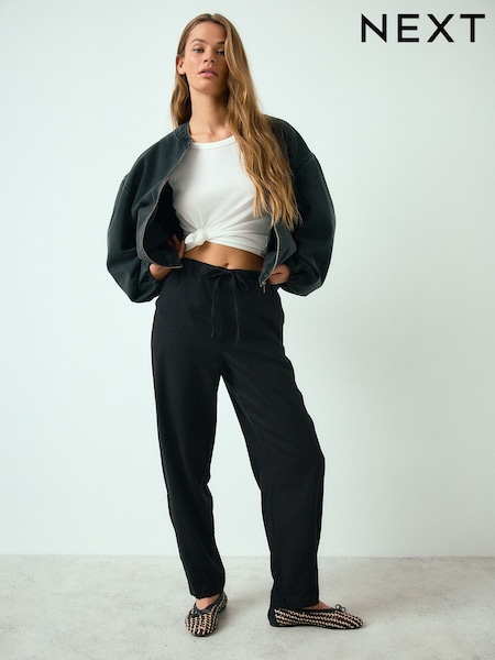 블랙 - Linen Blend Barrel Leg Trousers (H86269) | KRW45,400