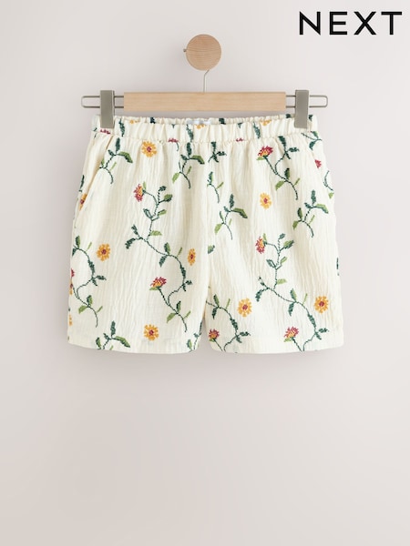Ecru Cross Stitch Floral Mini Shorts (H86277) | €37